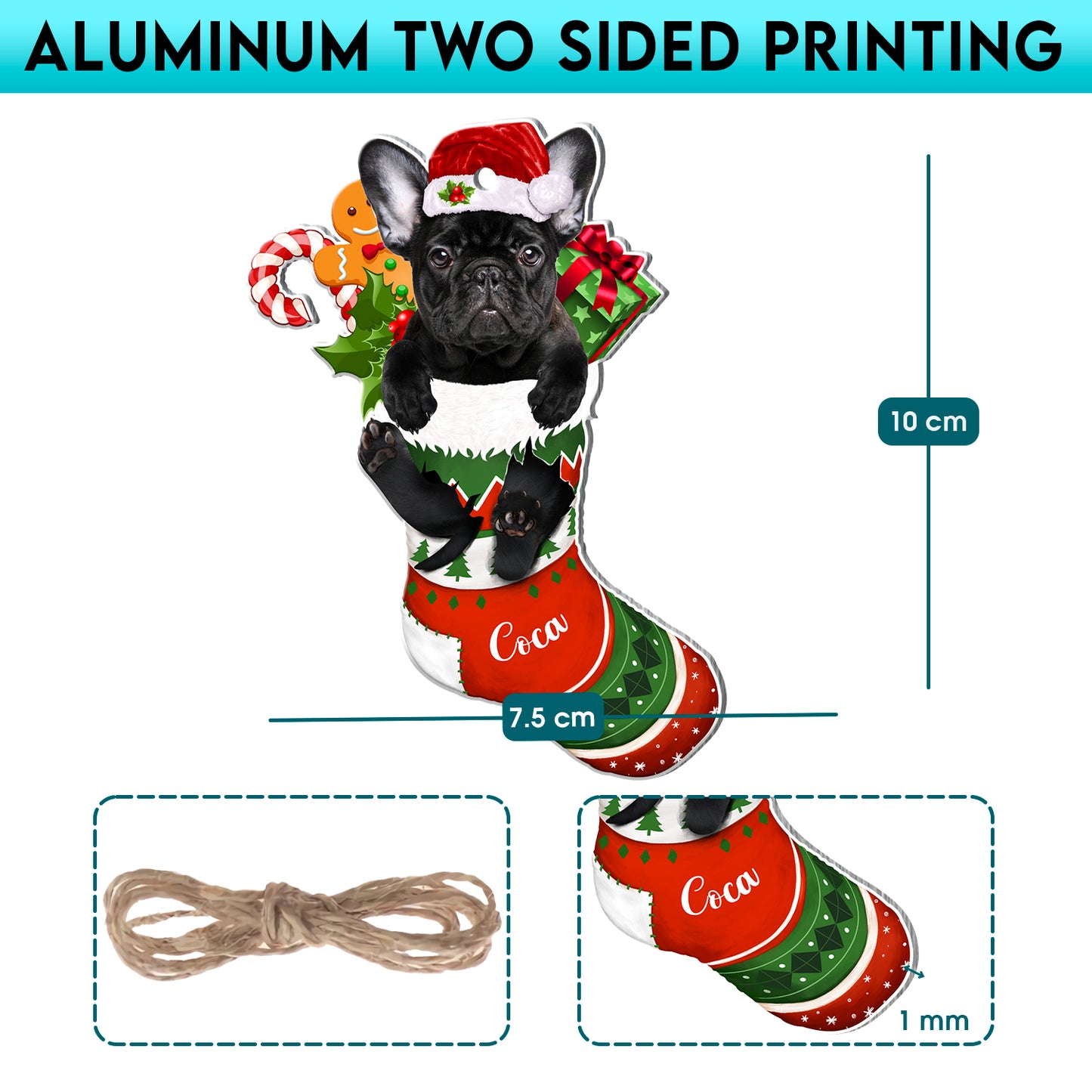Personalized Black French Bulldog In Christmas Stocking Aluminum Ornament