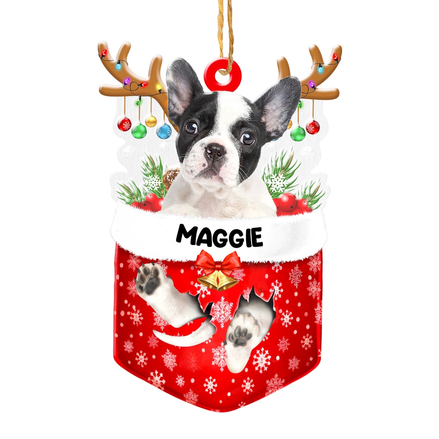 Personalized Black And White French Bulldog In Snow Pocket Christmas Acrylic Ornament