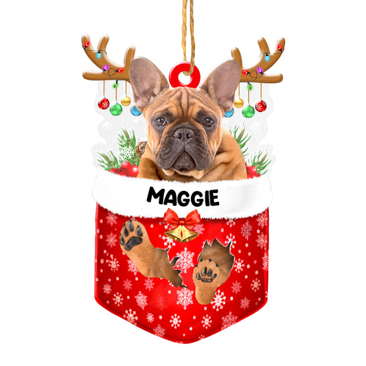 Personalized Brown French Bulldog In Snow Pocket Christmas Acrylic Ornament