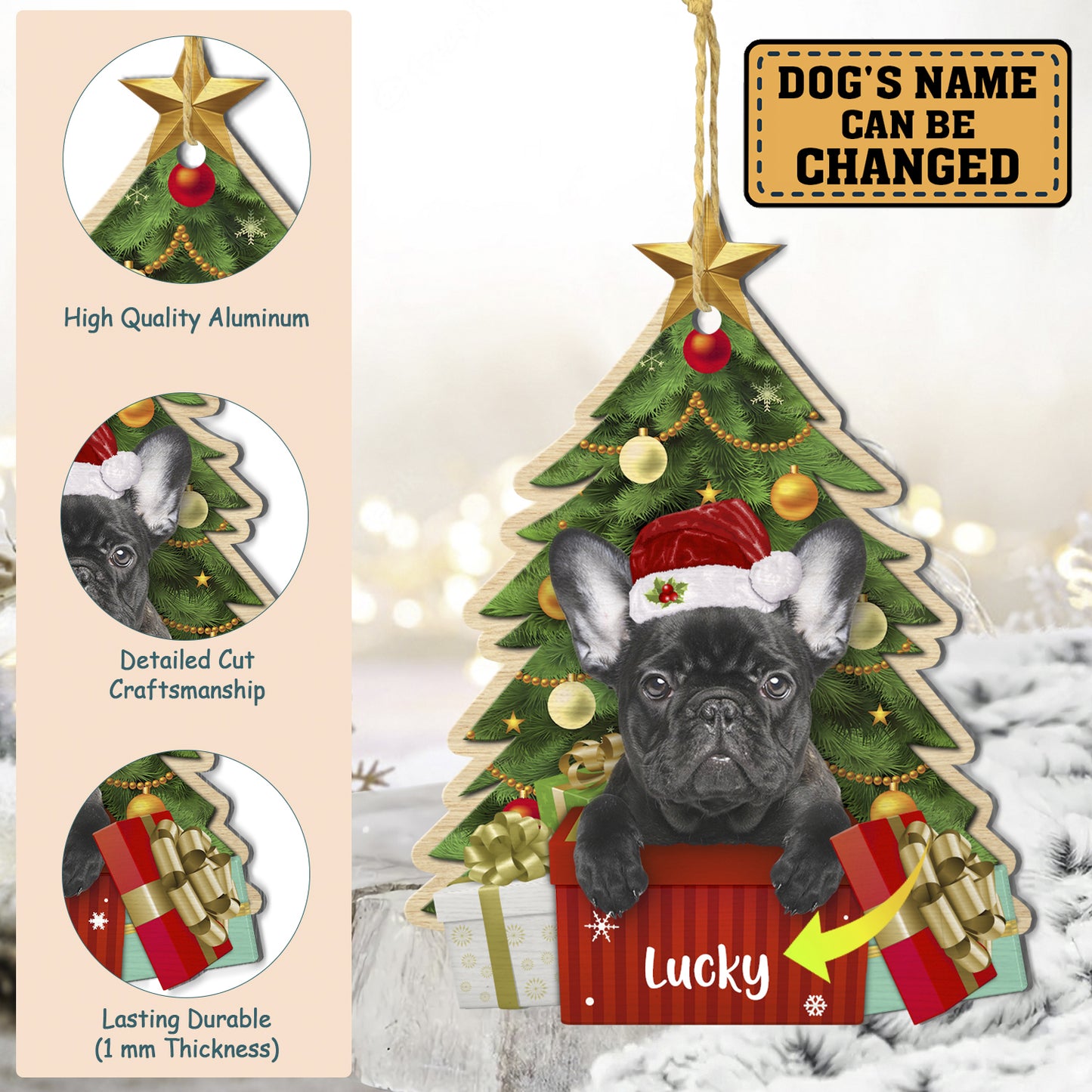 Personalized Black French Bulldog Christmas Tree Aluminum Ornament