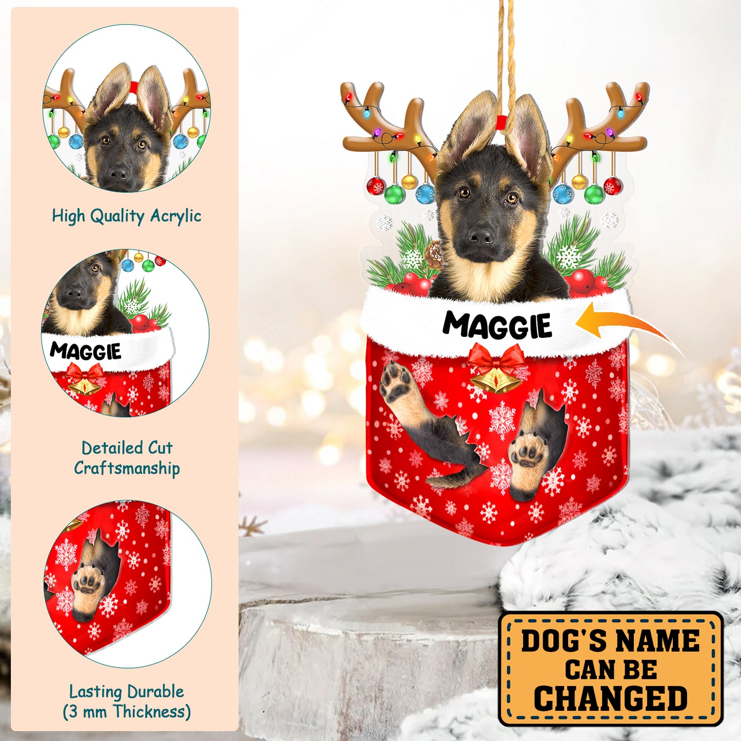 Personalized German Shepherd In Snow Pocket Christmas Acrylic Ornament