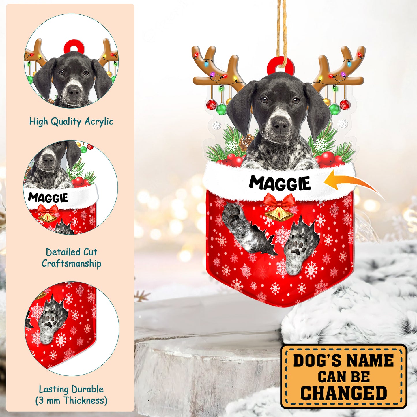 Personalized German Shorthaired Pointer In Snow Pocket Christmas Acrylic Ornament