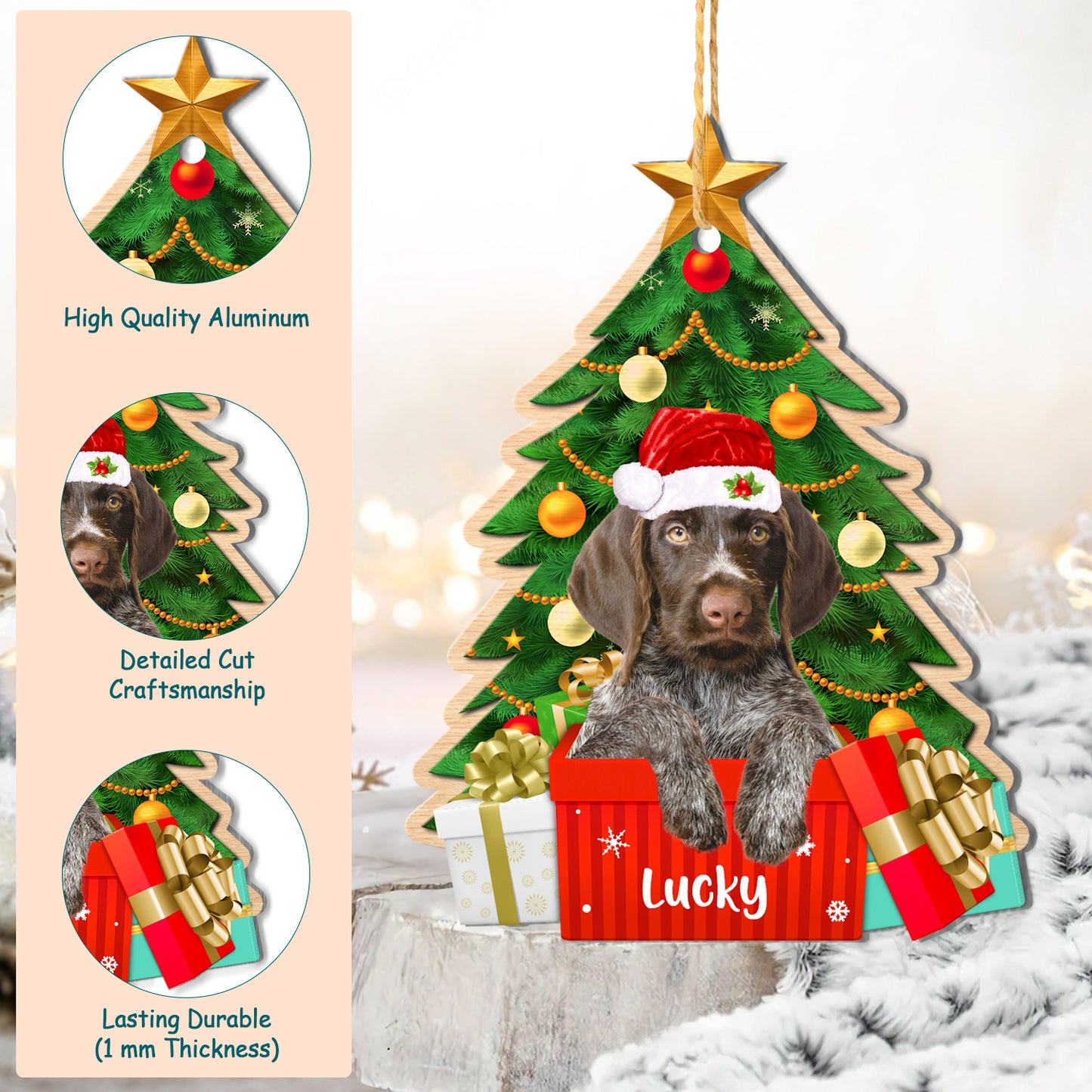Personalized German Wirehaired Pointer Christmas Tree Aluminum Ornament
