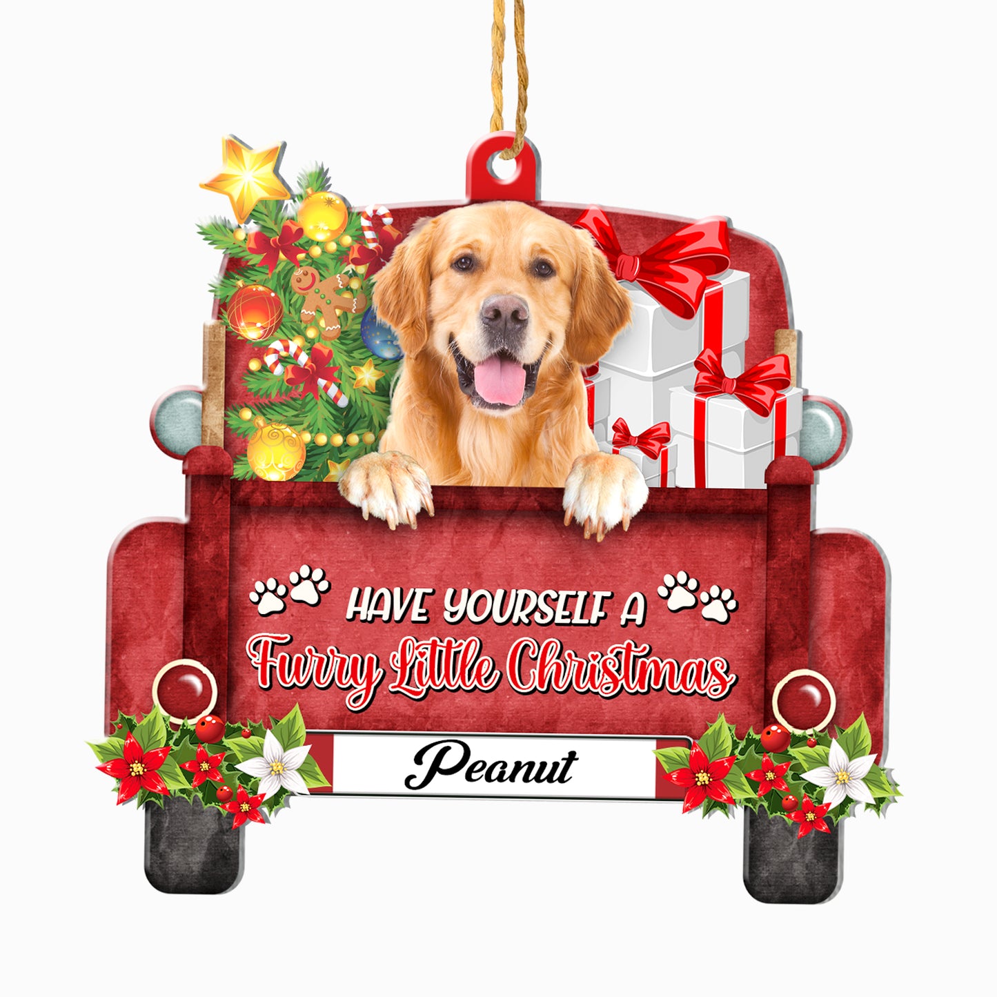 Personalized Golden Retriever Red Truck Christmas Aluminum Ornament