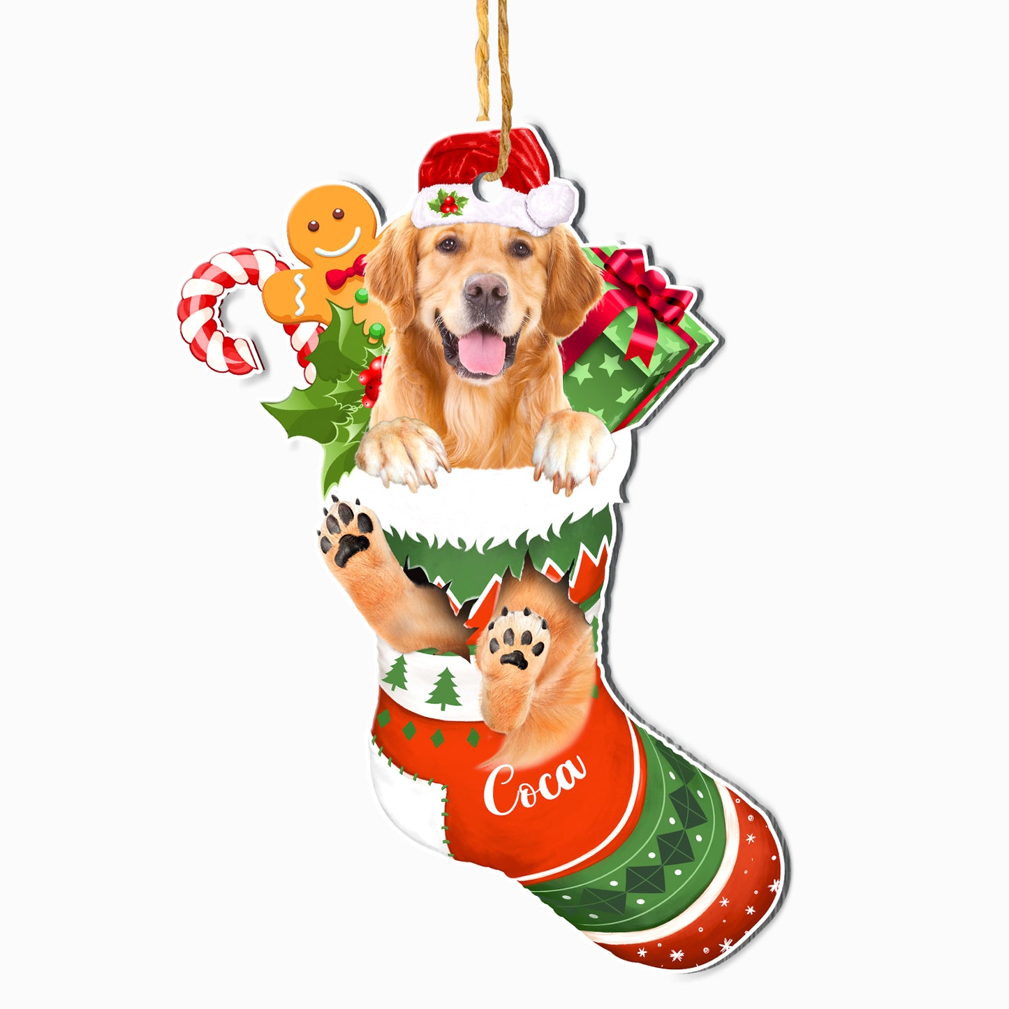 Personalized Golden Retriever In Christmas Stocking Aluminum Ornament