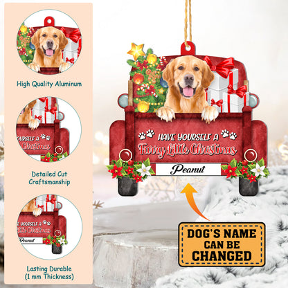 Personalized Golden Retriever Red Truck Christmas Aluminum Ornament