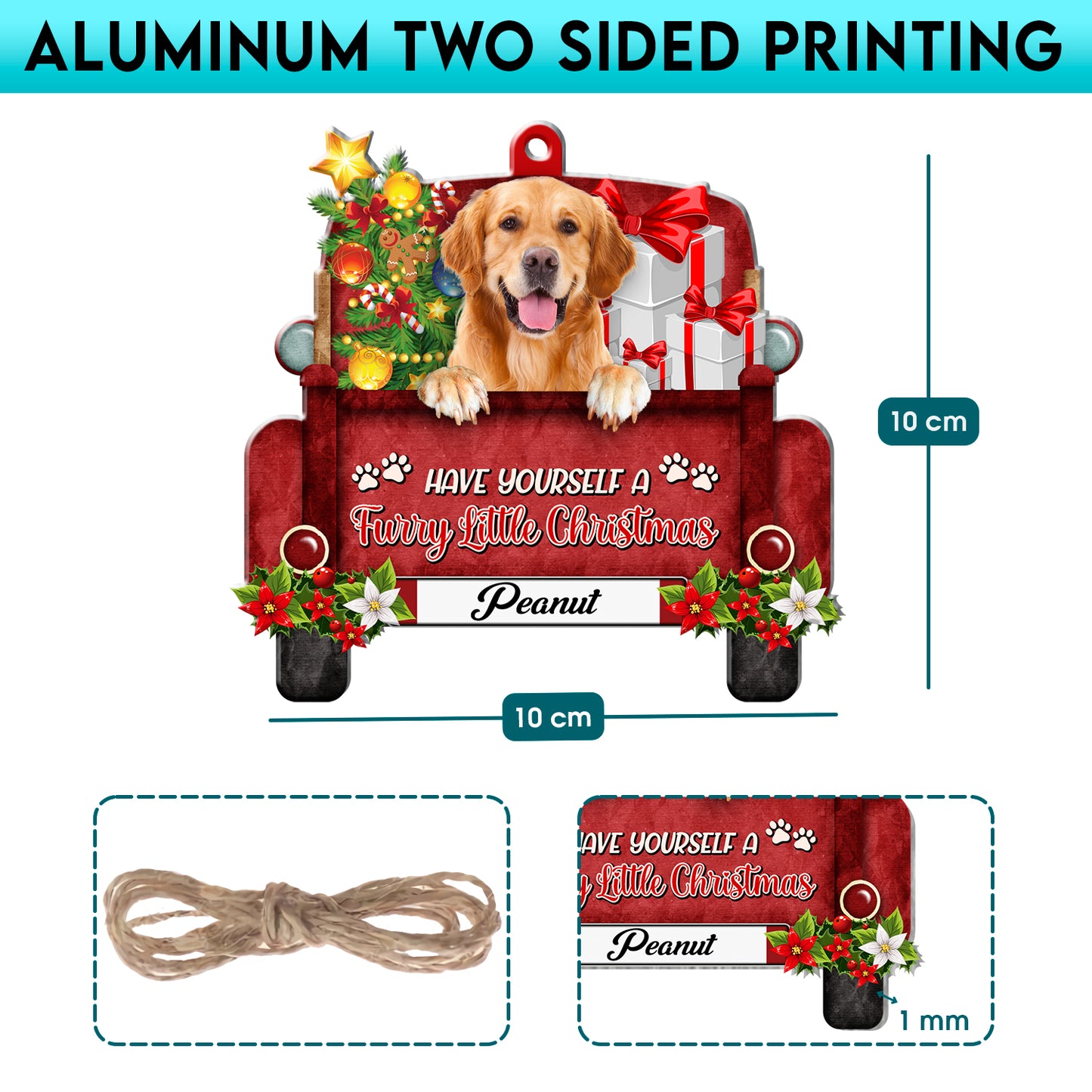 Personalized Golden Retriever Red Truck Christmas Aluminum Ornament