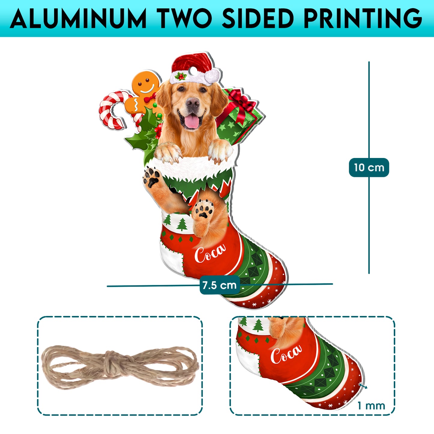 Personalized Golden Retriever In Christmas Stocking Aluminum Ornament