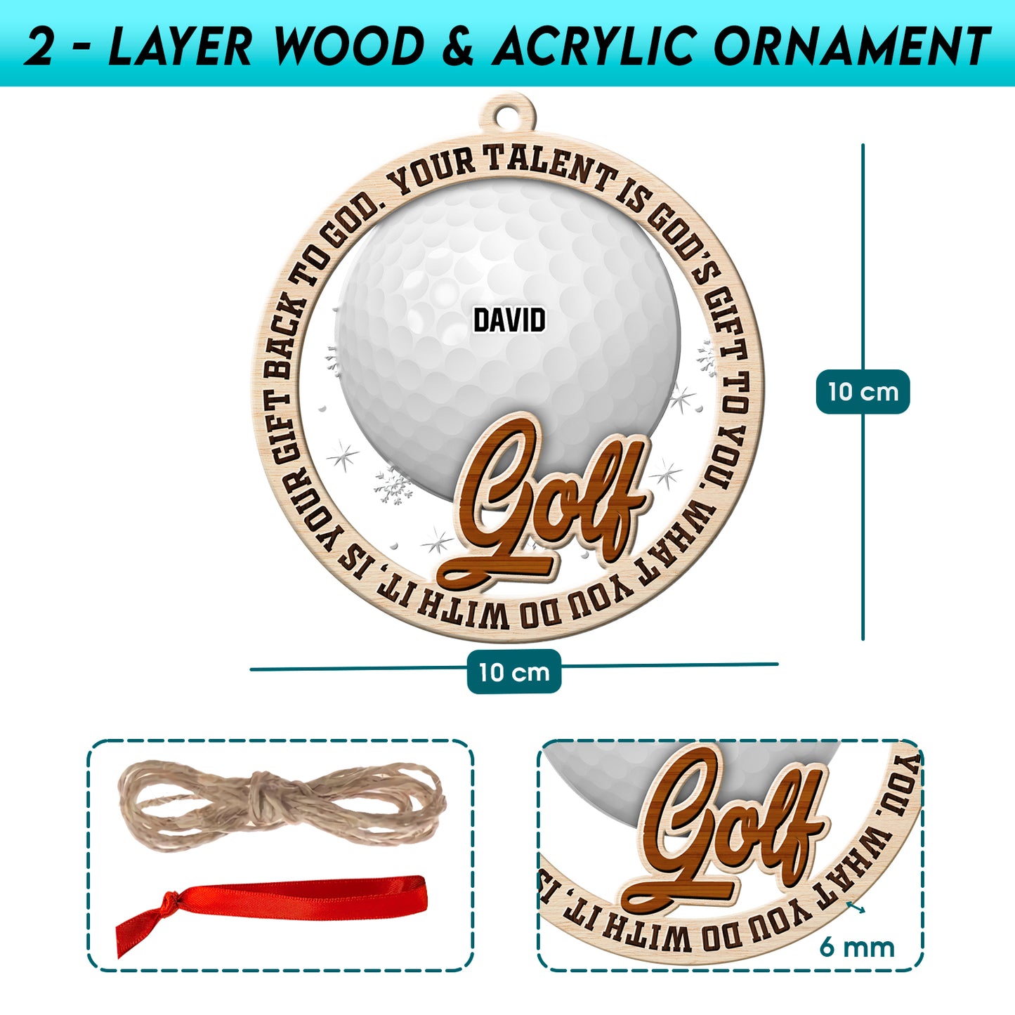 Personalized Golf 2-Layer Wood & Acrylic Christmas Ornament