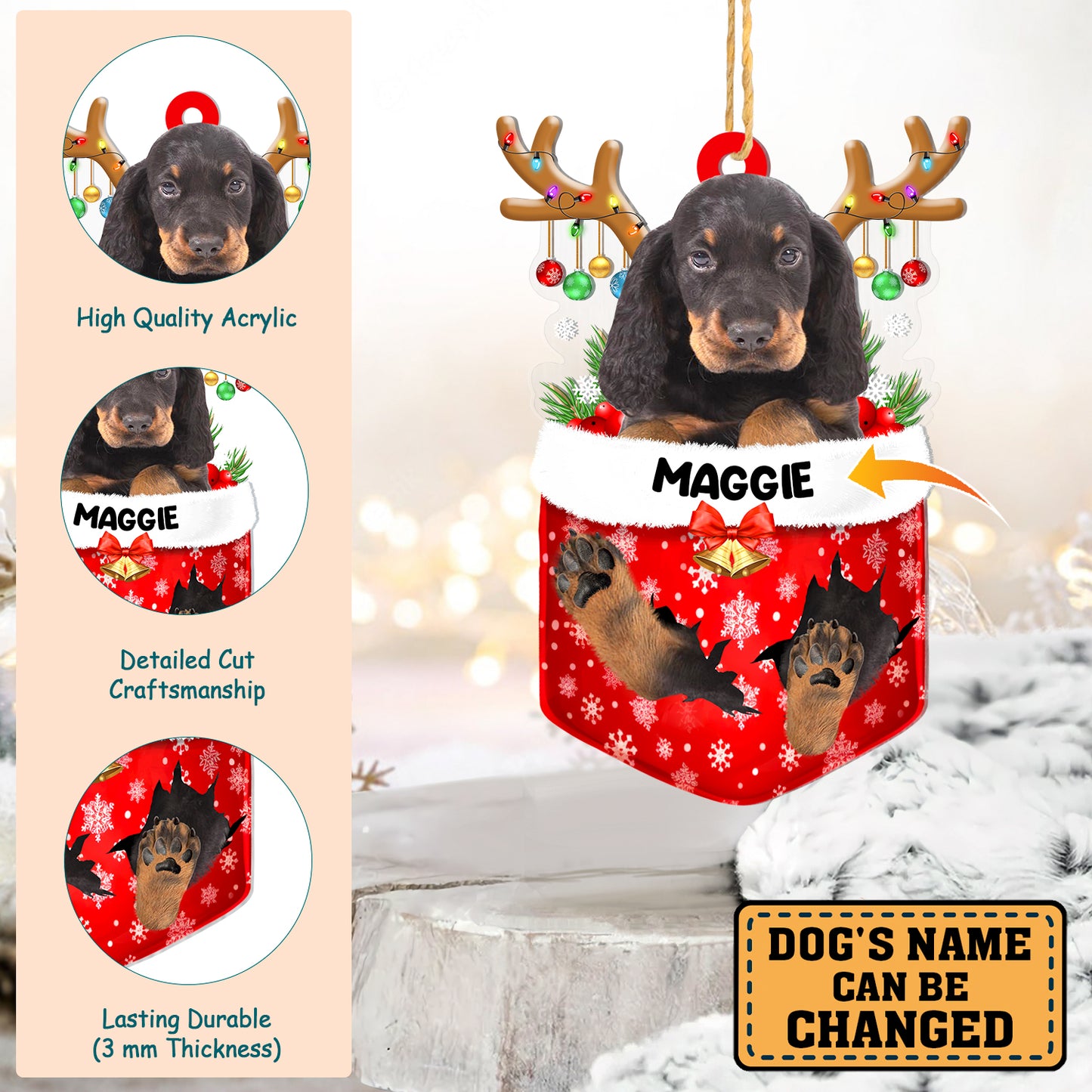 Personalized Gordon Setter In Snow Pocket Christmas Acrylic Ornament