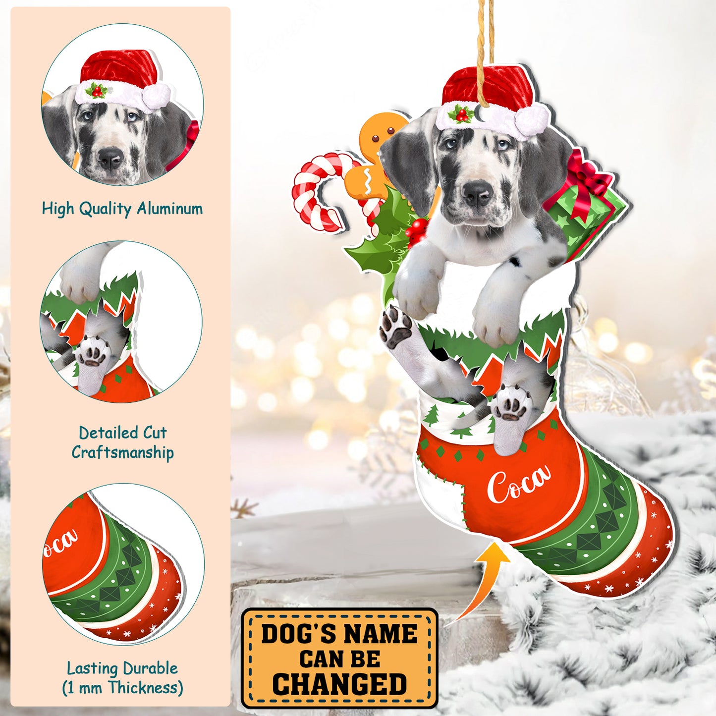 Personalized Great Dane In Christmas Stocking Aluminum Ornament