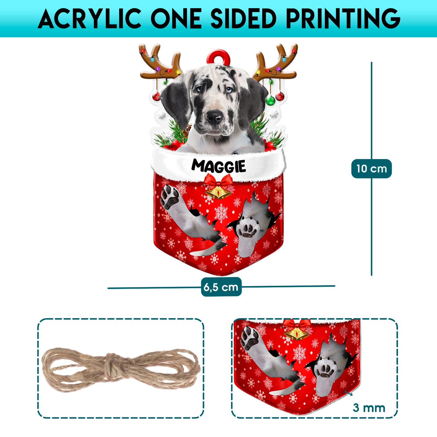 Personalized Great Dane In Snow Pocket Christmas Acrylic Ornament