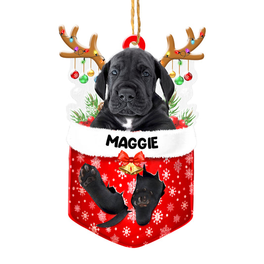 Personalized Black Great Dane In Snow Pocket Christmas Acrylic Ornament