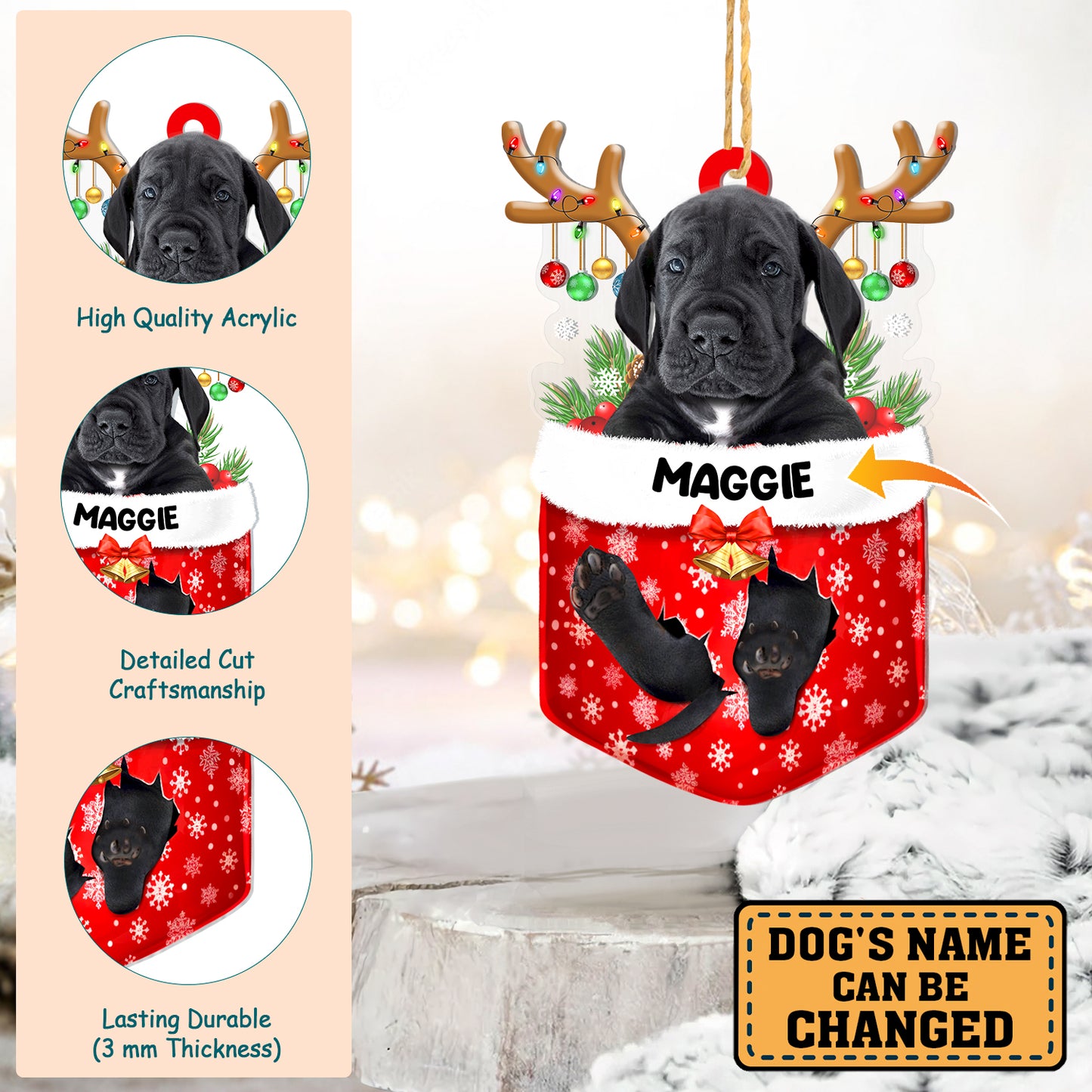 Personalized Black Great Dane In Snow Pocket Christmas Acrylic Ornament