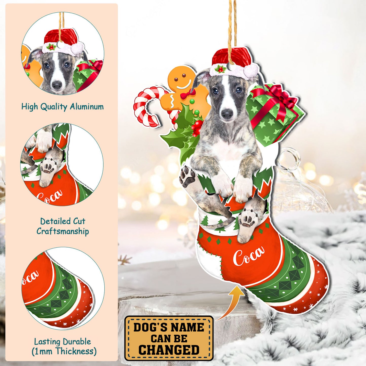 Personalized Greyhound In Christmas Stocking Aluminum Ornament