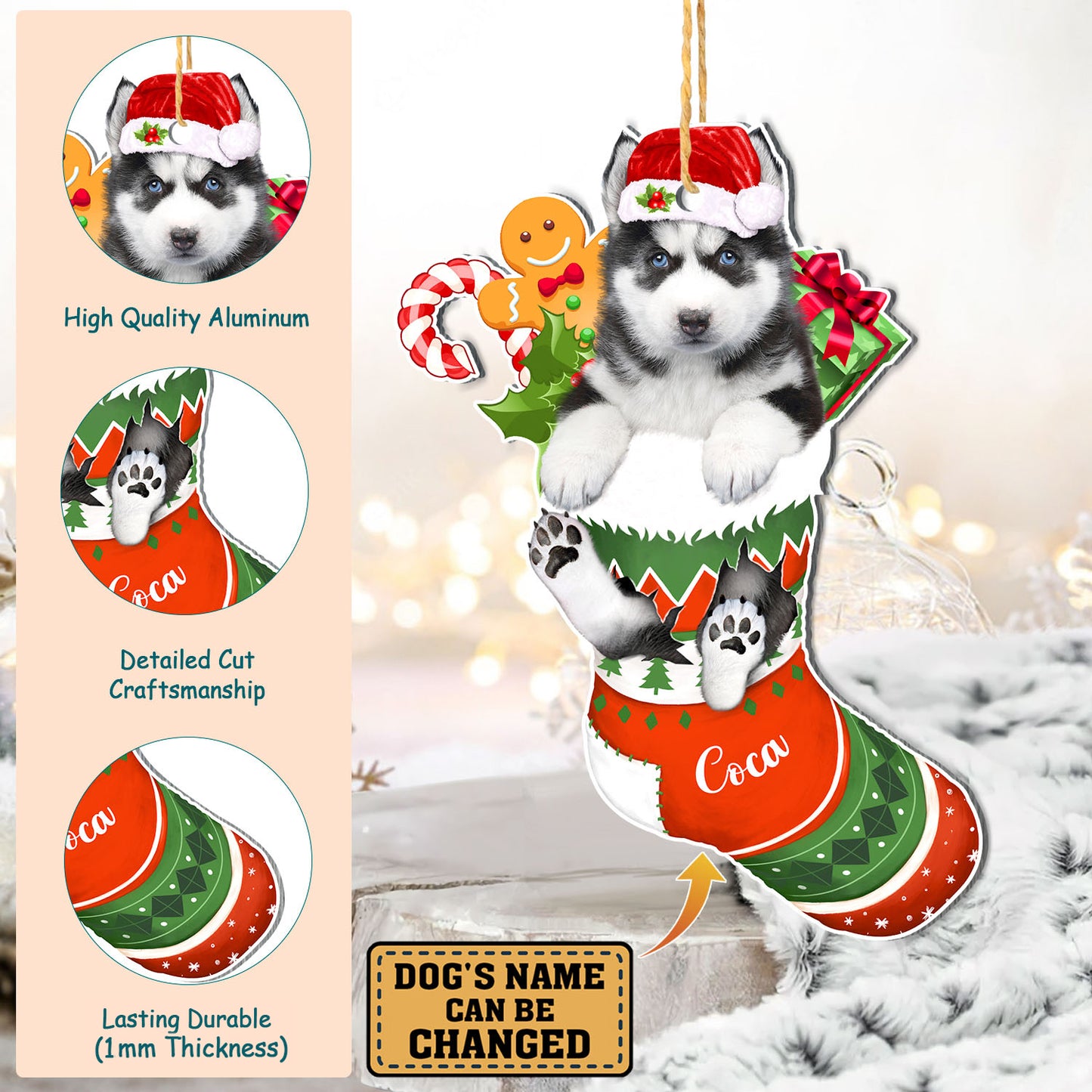 Personalized Husky In Christmas Stocking Aluminum Ornament