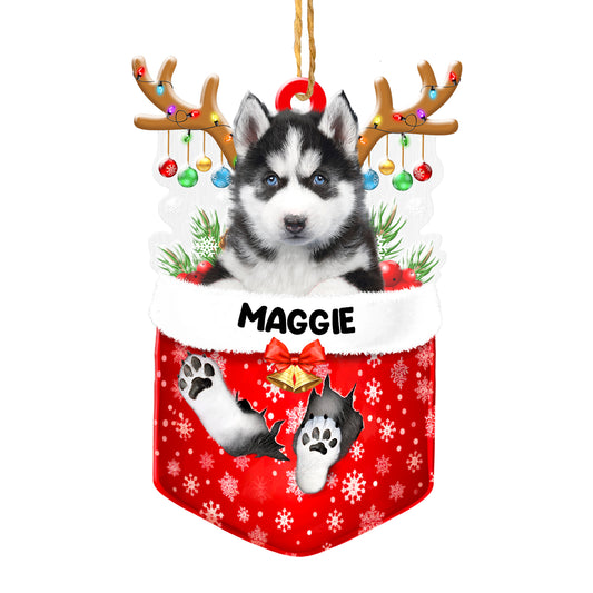 Personalized Husky In Snow Pocket Christmas Acrylic Ornament