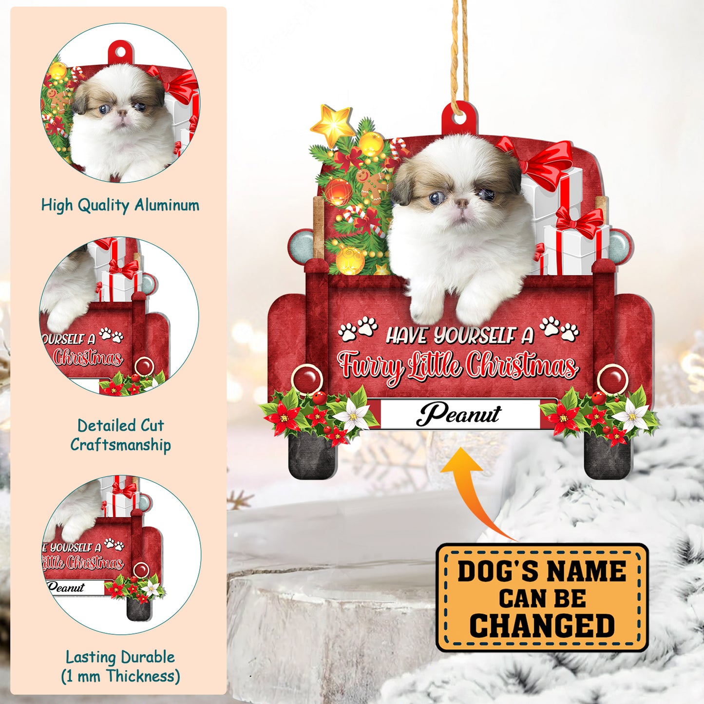 Personalized Japanese Chin Red Truck Christmas Aluminum Ornament