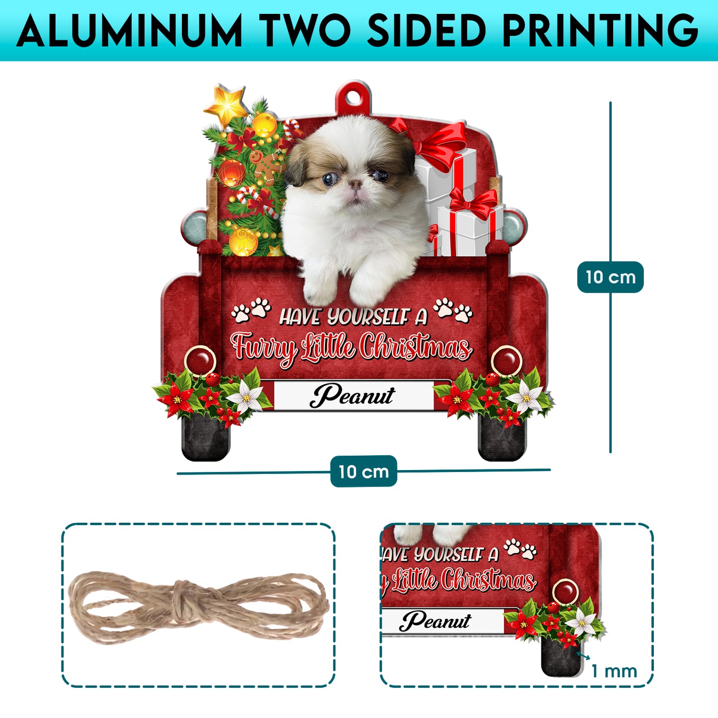 Personalized Japanese Chin Red Truck Christmas Aluminum Ornament