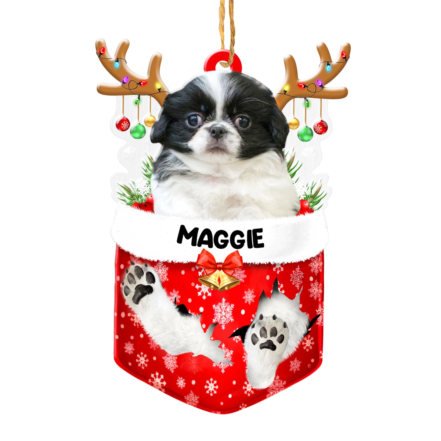 Personalized Black And White Japanese Chin In Snow Pocket Christmas Acrylic Ornament
