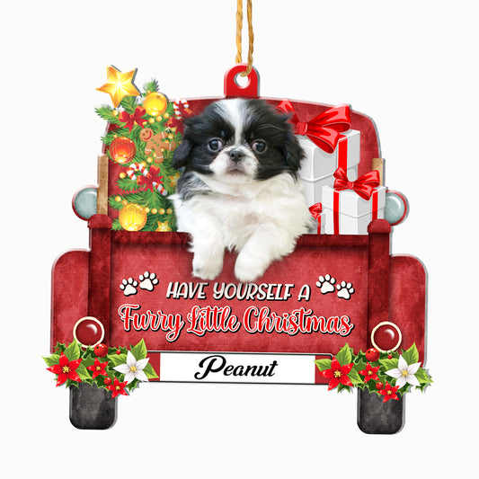 Personalized Black And White Japanese Chin Red Truck Christmas Aluminum Ornament