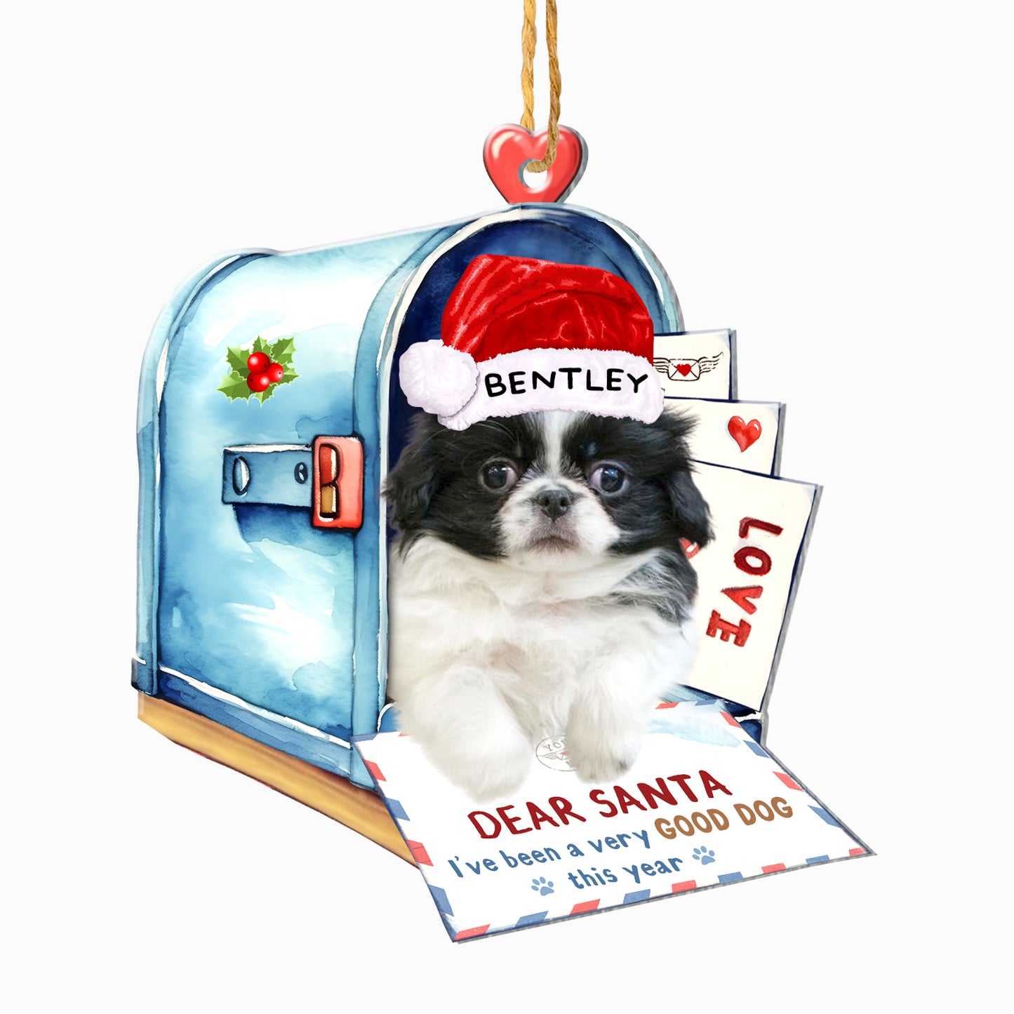 Personalized Black And White Japanese Chin In Mailbox Christmas Aluminum Ornament