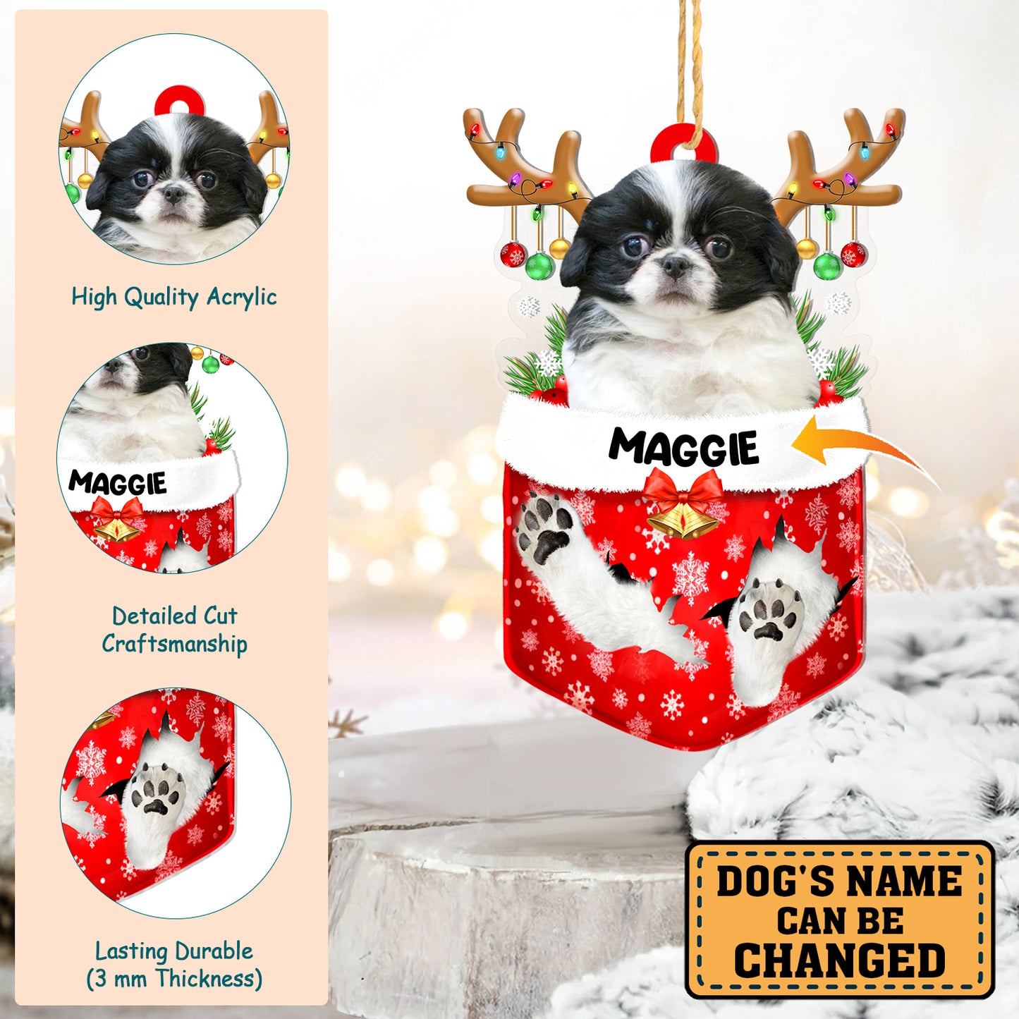 Personalized Black And White Japanese Chin In Snow Pocket Christmas Acrylic Ornament
