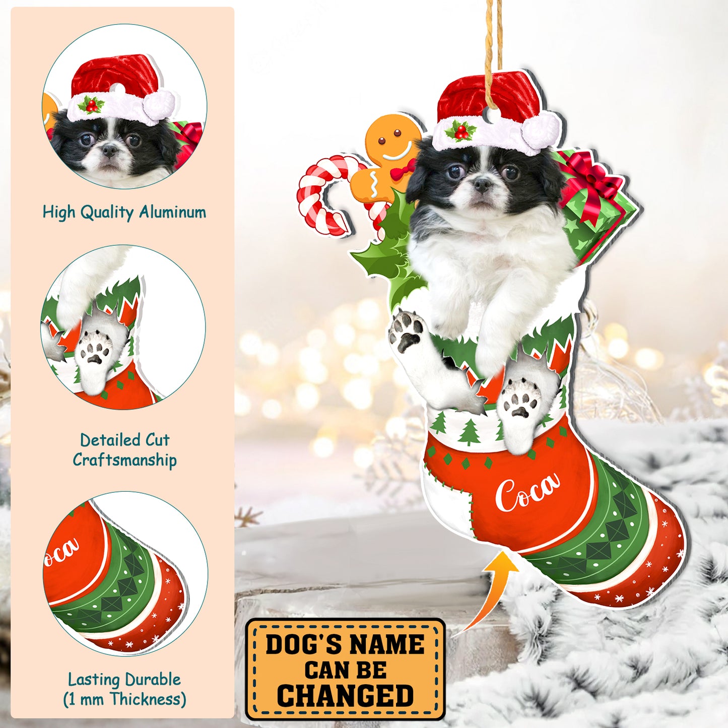 Personalized Black And White Japanese Chin In Christmas Stocking Aluminum Ornament
