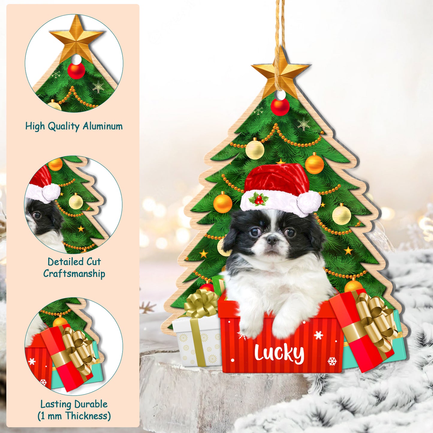 Personalized Black And White Japanese Chin Christmas Tree Aluminum Ornament
