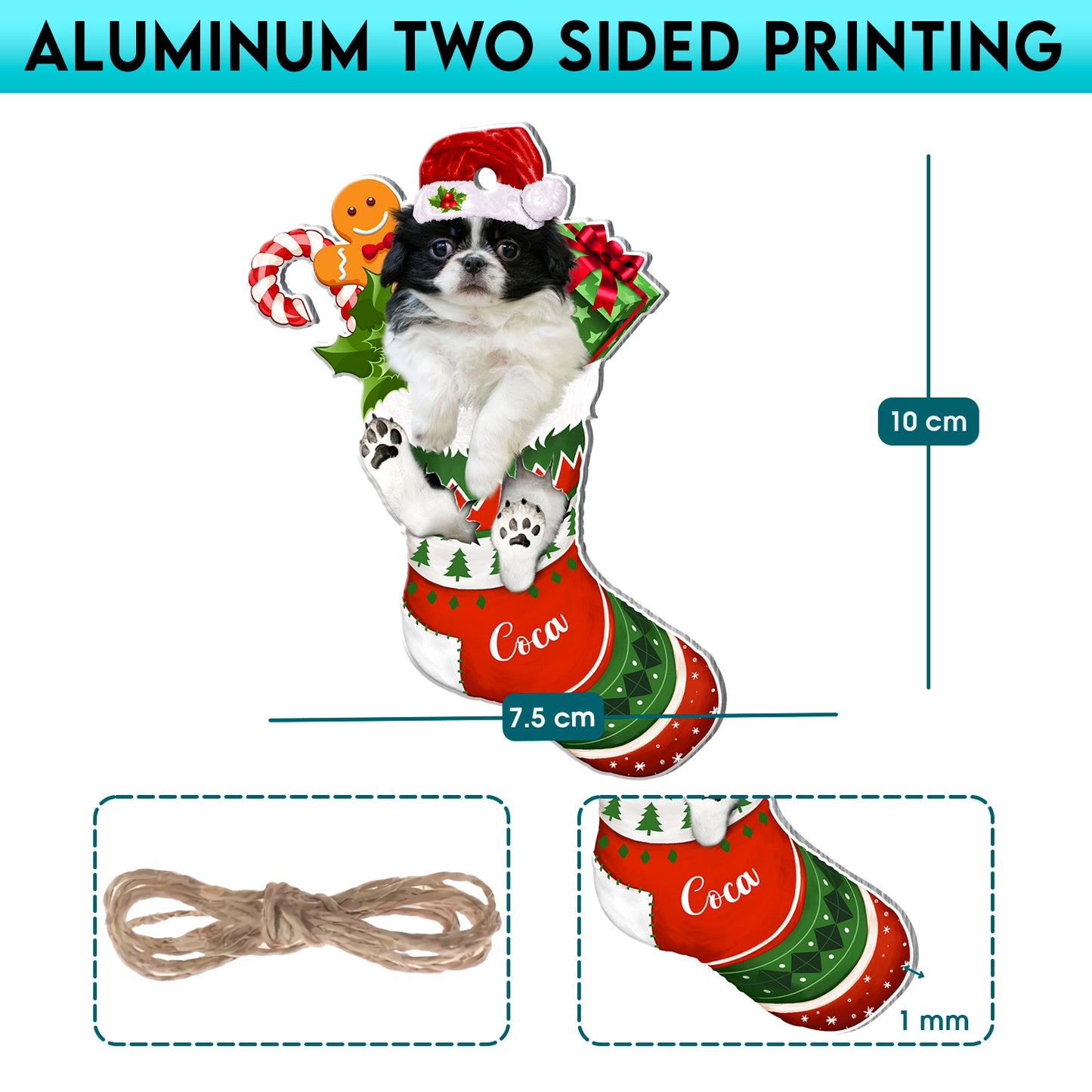 Personalized Black And White Japanese Chin In Christmas Stocking Aluminum Ornament