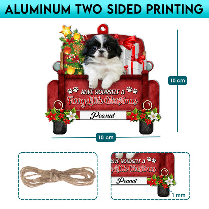 Personalized Black And White Japanese Chin Red Truck Christmas Aluminum Ornament