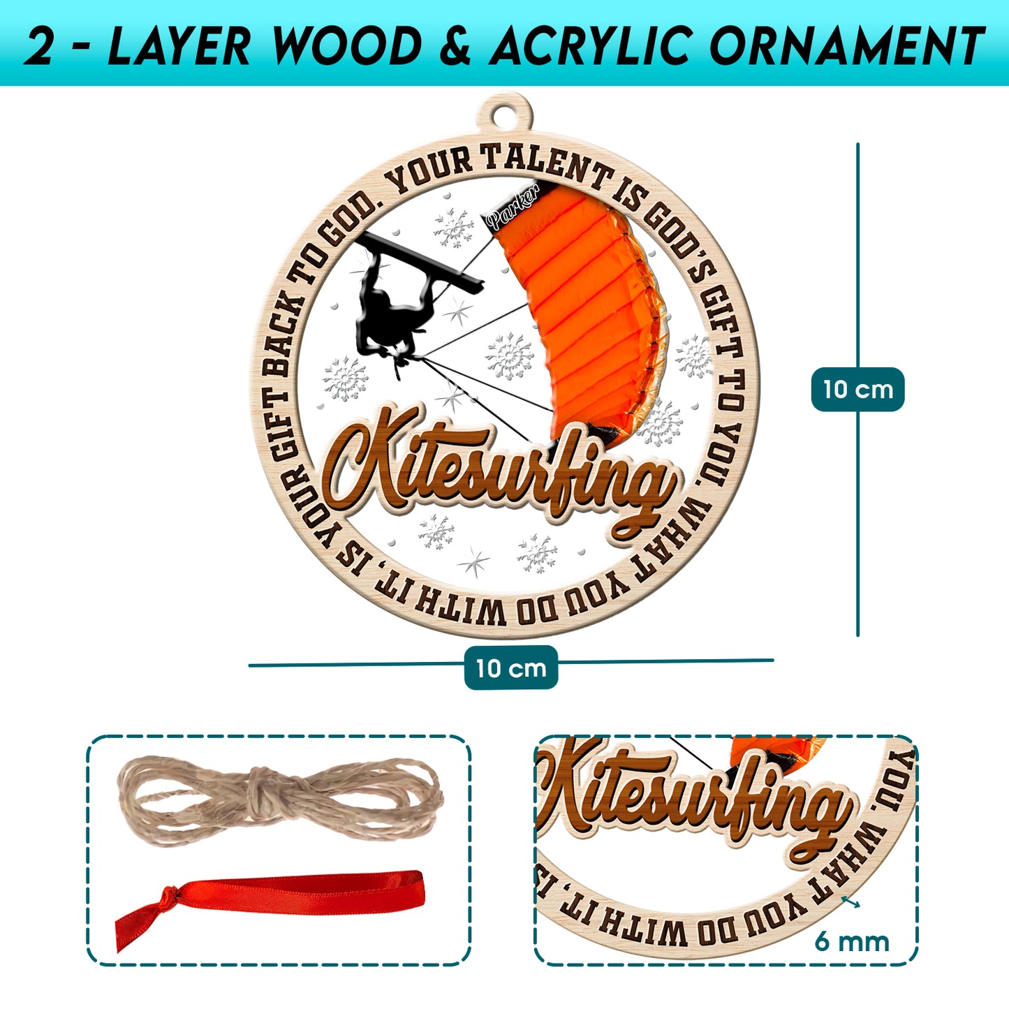Personalized Kitesurfing 2-Layer Wood & Acrylic Christmas Ornament