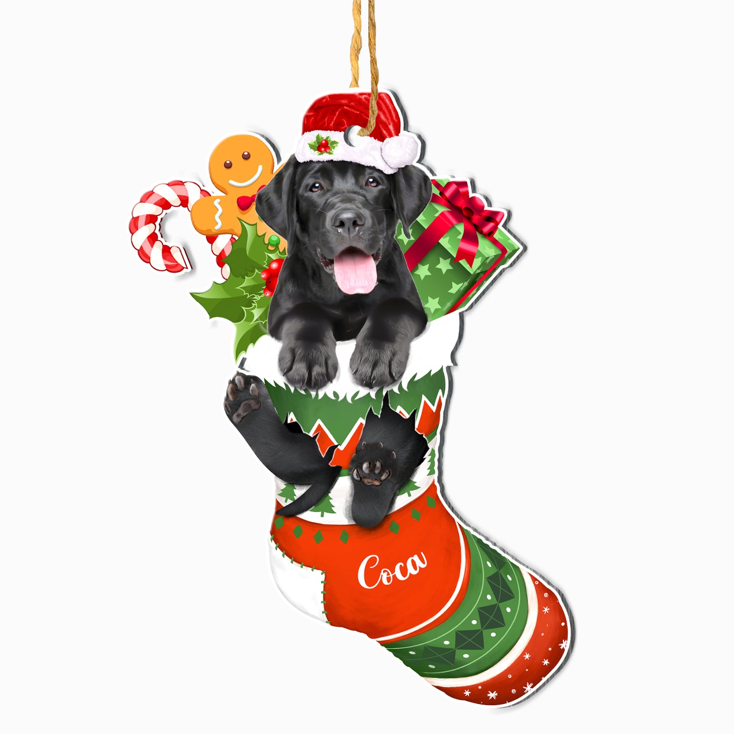 Personalized Black Labrador Retriever In Christmas Stocking Aluminum Ornament