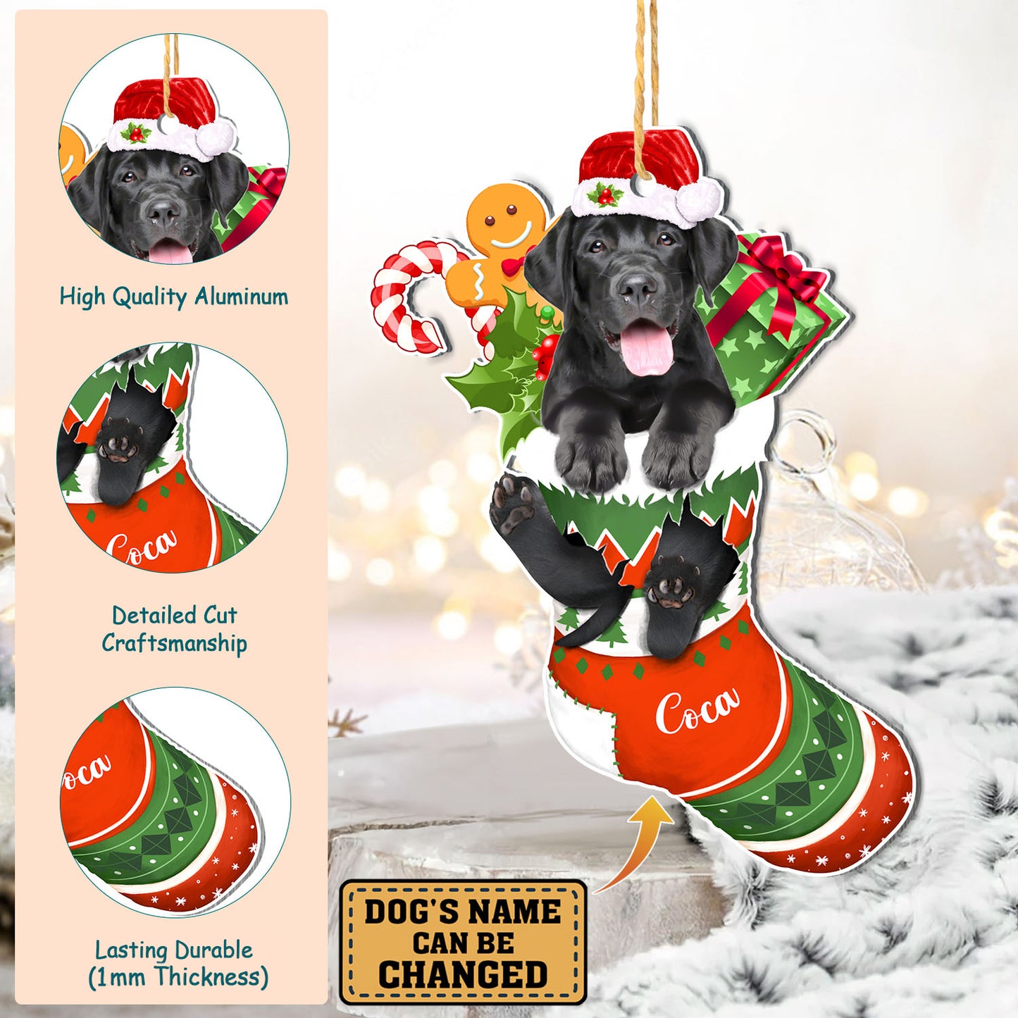 Personalized Black Labrador Retriever In Christmas Stocking Aluminum Ornament