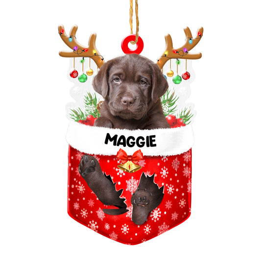 Personalized Chocolate Labrador Retriever In Snow Pocket Christmas Acrylic Ornament
