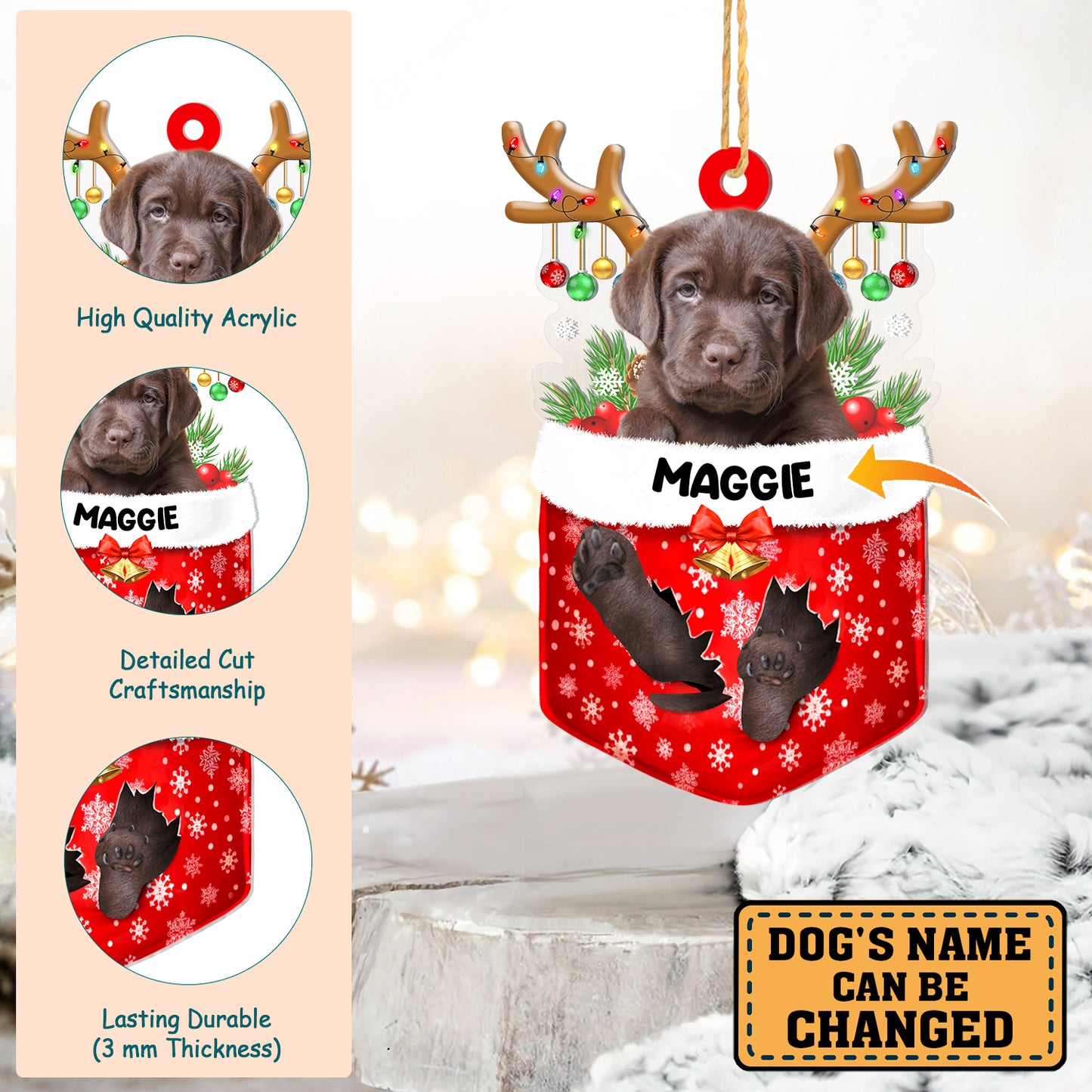 Personalized Chocolate Labrador Retriever In Snow Pocket Christmas Acrylic Ornament