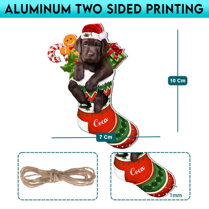 Personalized Chocolate Labrador Retriever In Christmas Stocking Aluminum Ornament