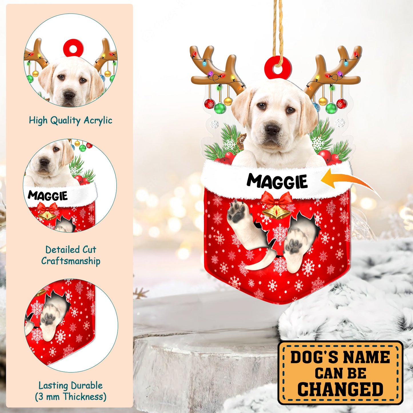 Personalized Yellow Labrador Retriever In Snow Pocket Christmas Acrylic Ornament
