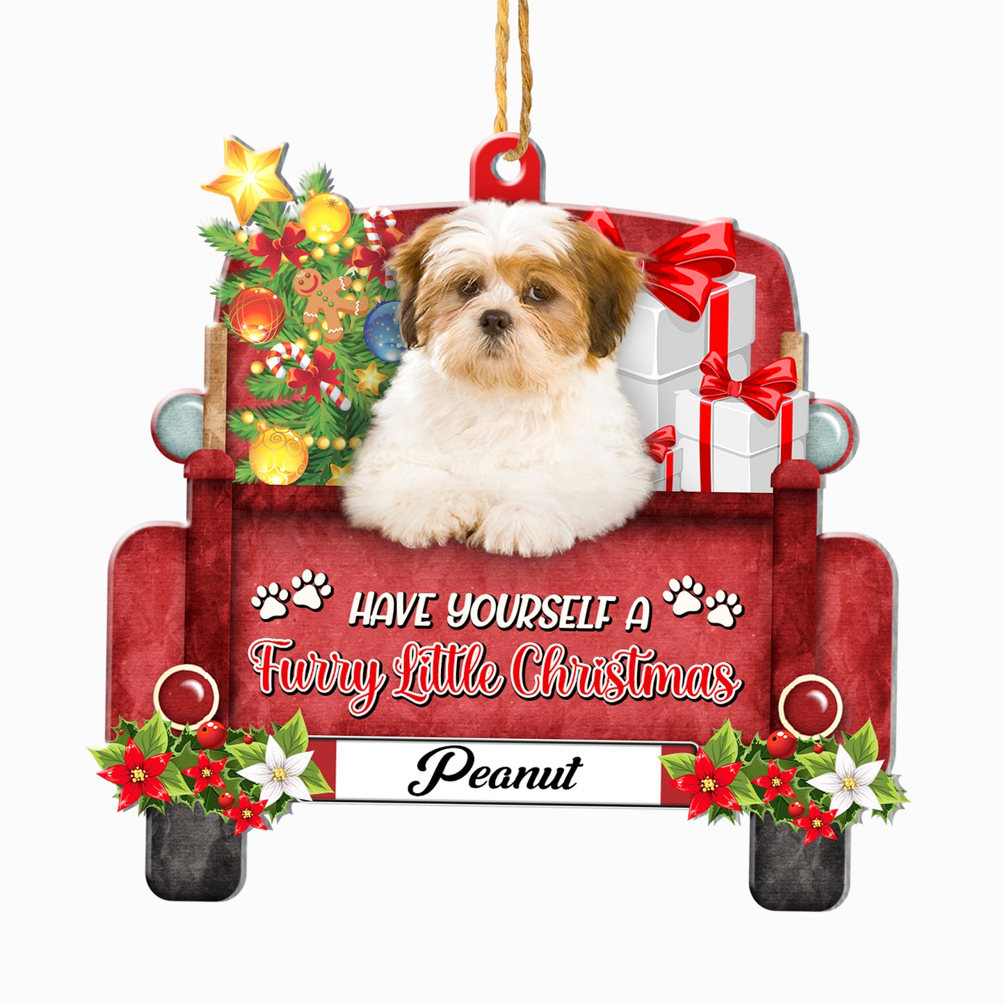 Personalized Lhasa Apso Red Truck Christmas Aluminum Ornament