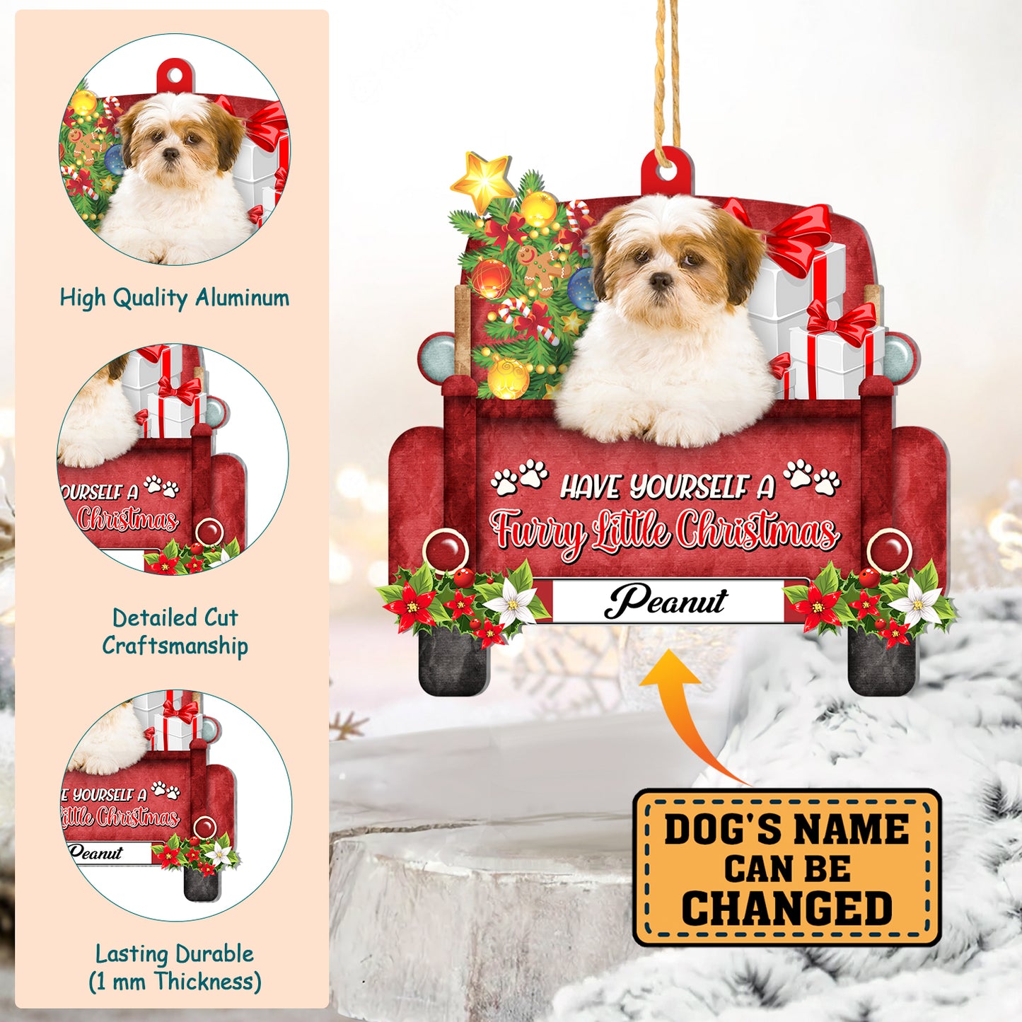 Personalized Lhasa Apso Red Truck Christmas Aluminum Ornament