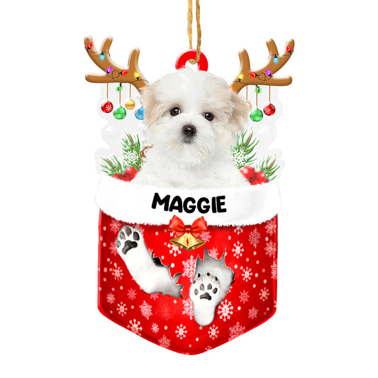 Personalized Maltese In Snow Pocket Christmas Acrylic Ornament