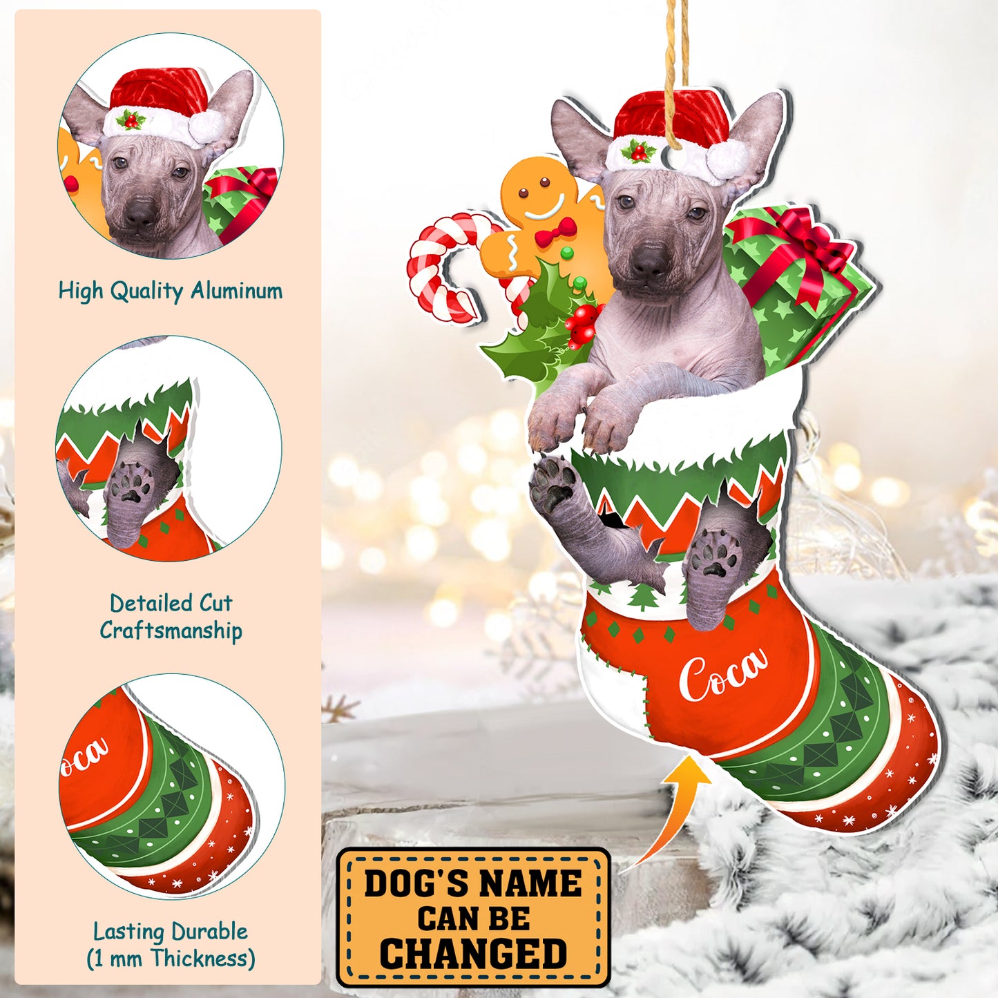 Personalized Mexican Hairless Dog In Christmas Stocking Aluminum Ornament