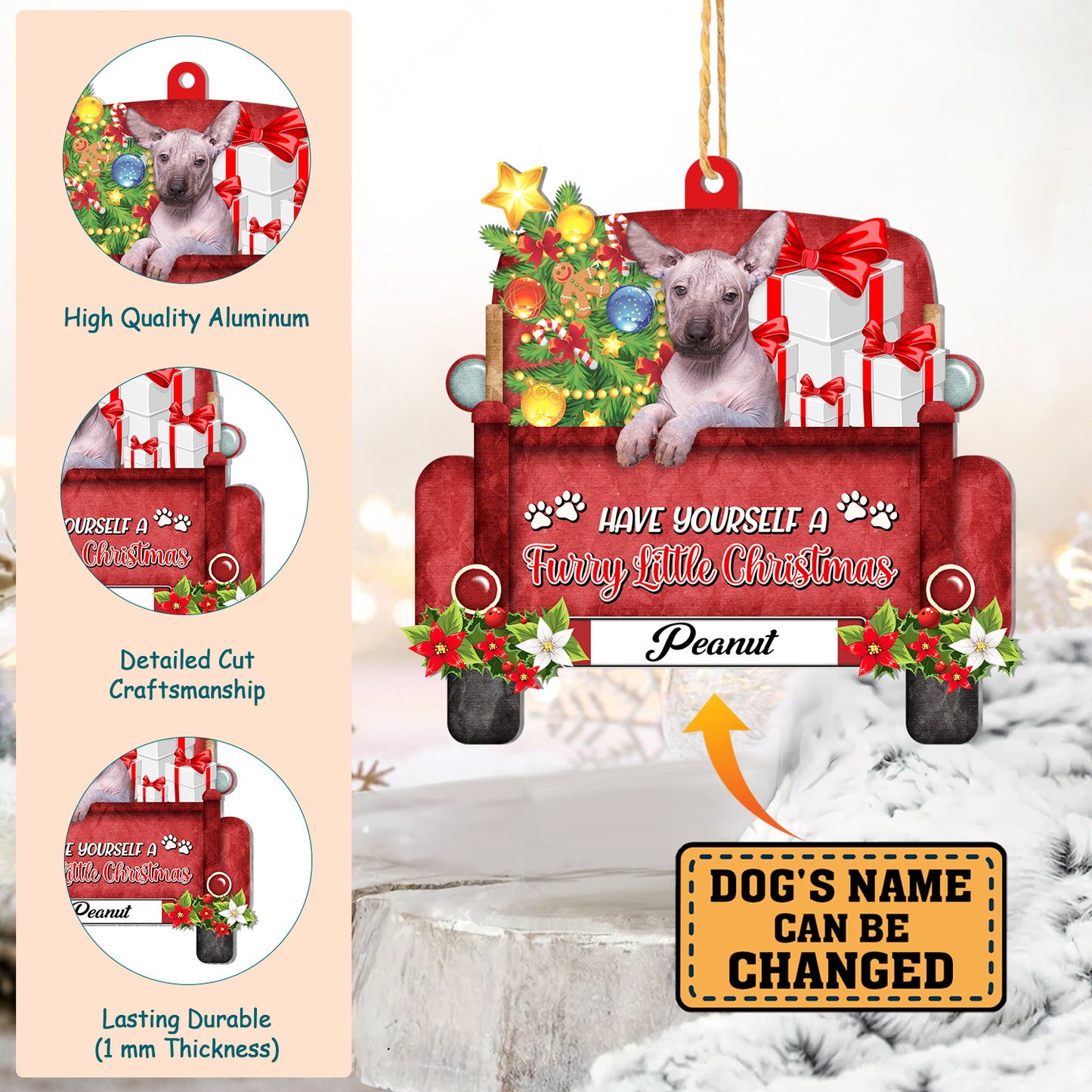 Personalized Mexican Hairless Dog Red Truck Christmas Aluminum Ornament