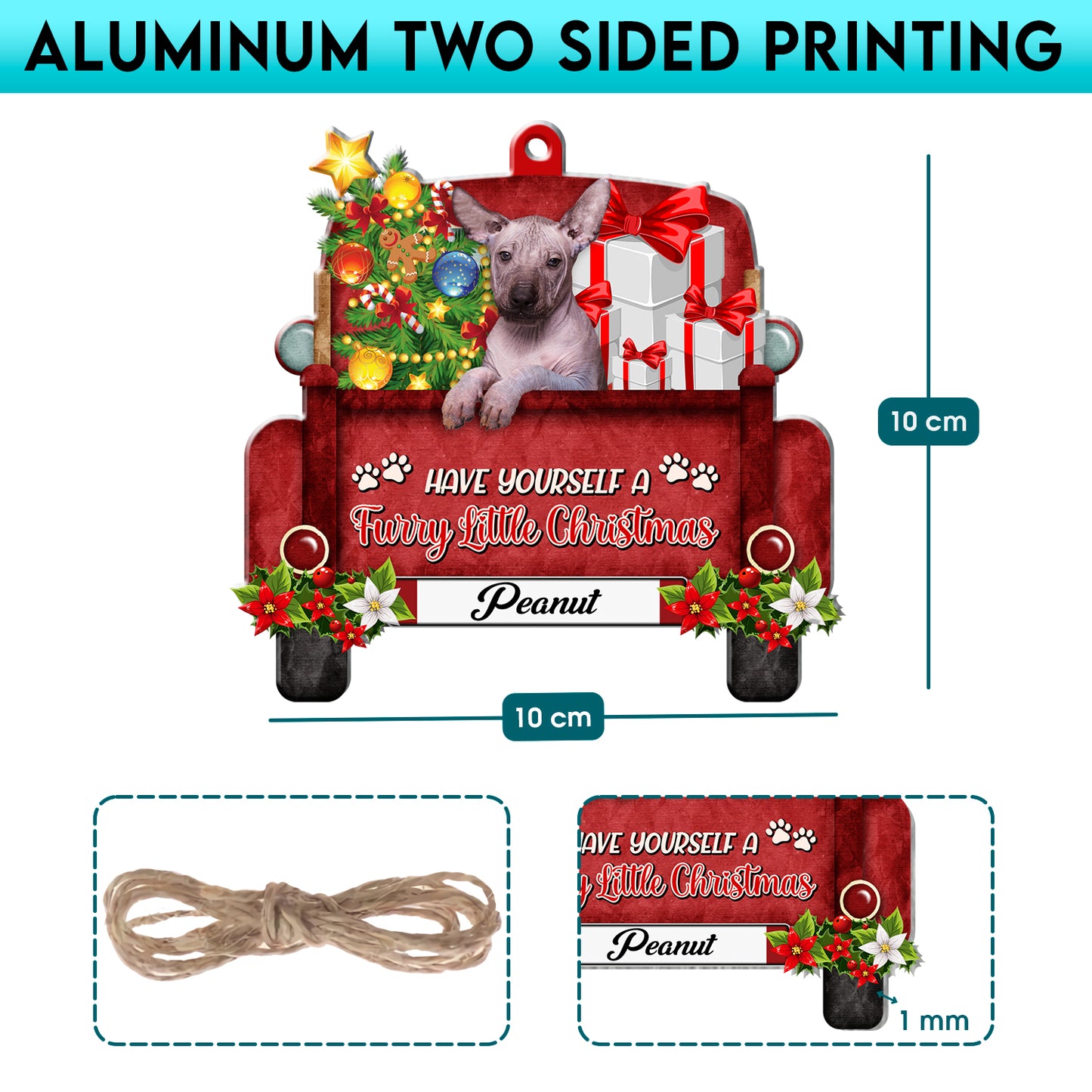 Personalized Mexican Hairless Dog Red Truck Christmas Aluminum Ornament