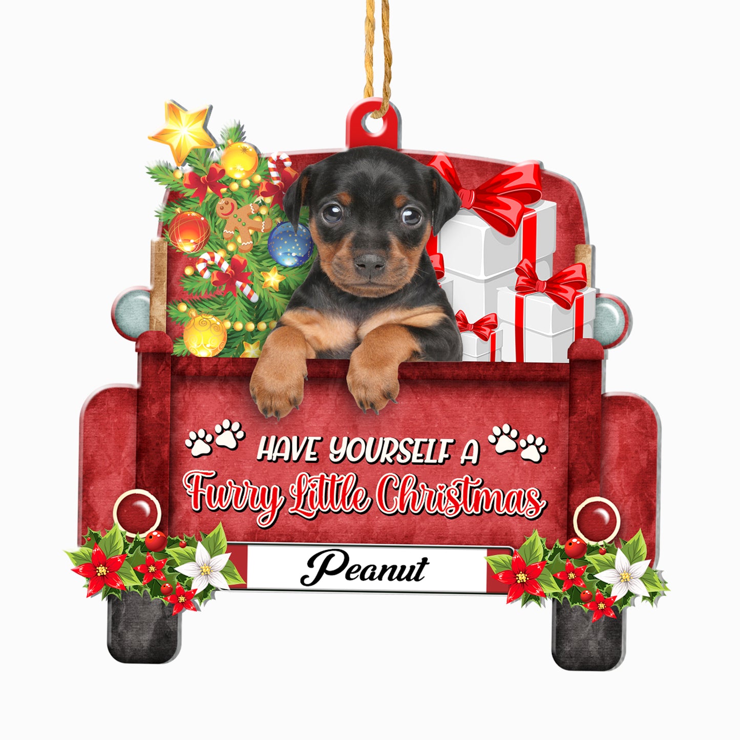 Personalized Miniature Pinscher Red Truck Christmas Aluminum Ornament