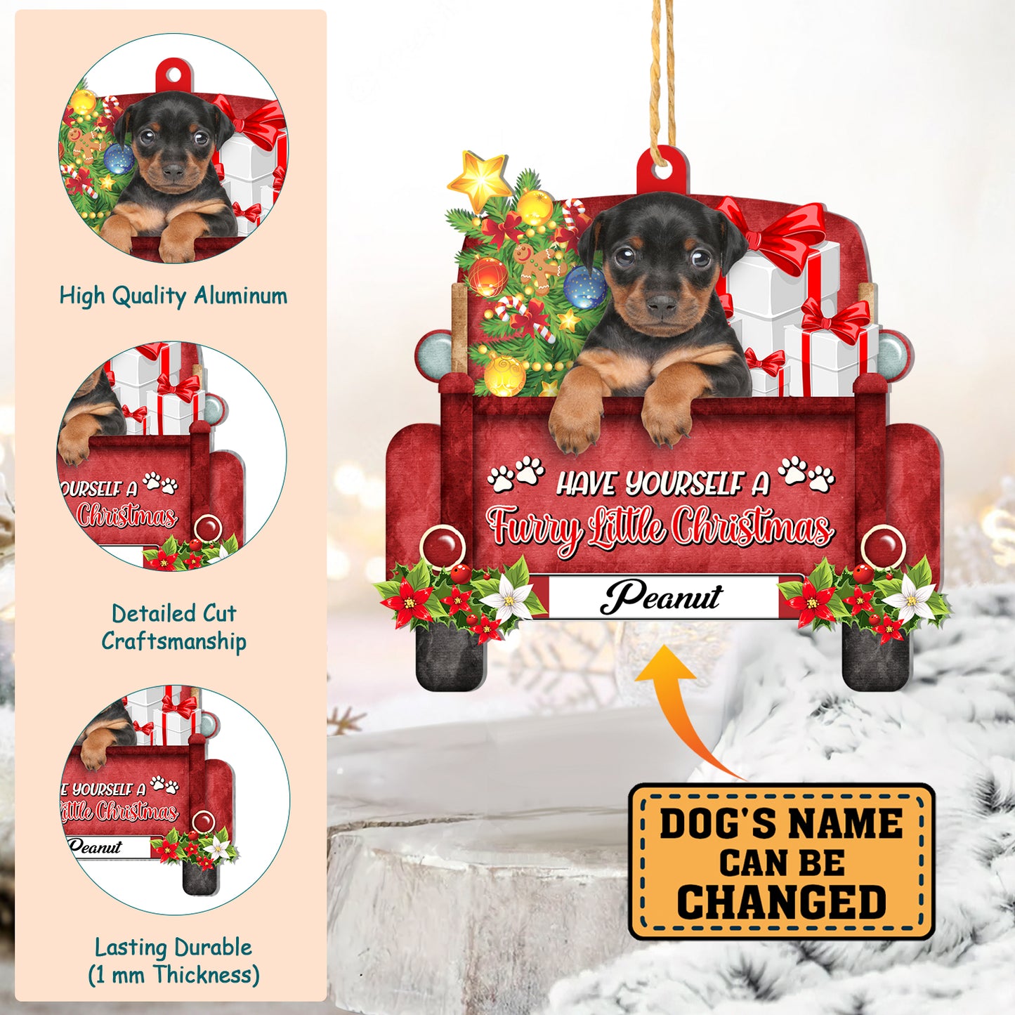 Personalized Miniature Pinscher Red Truck Christmas Aluminum Ornament