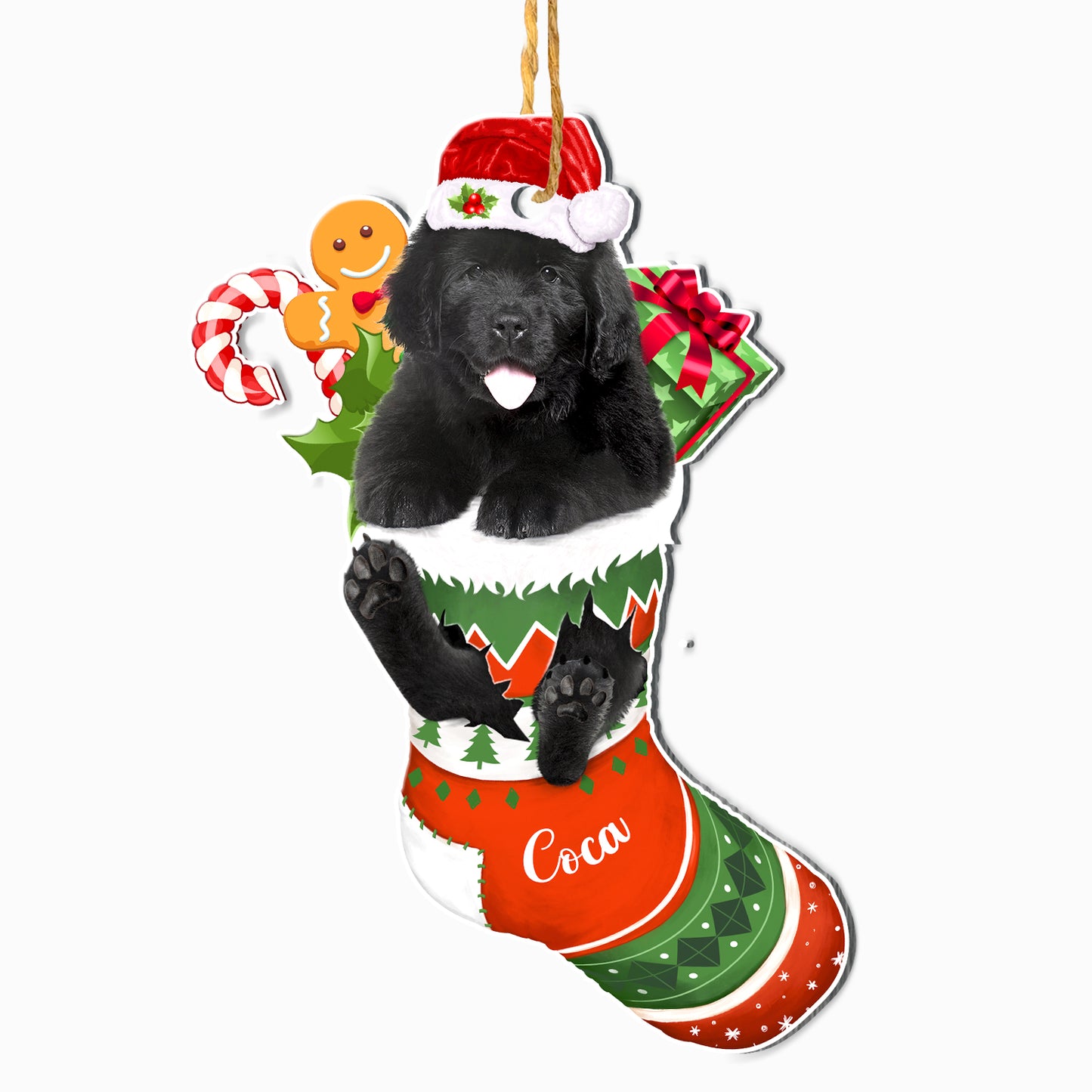 Personalized Black Newfoundland Dog In Christmas Stocking Aluminum Ornament