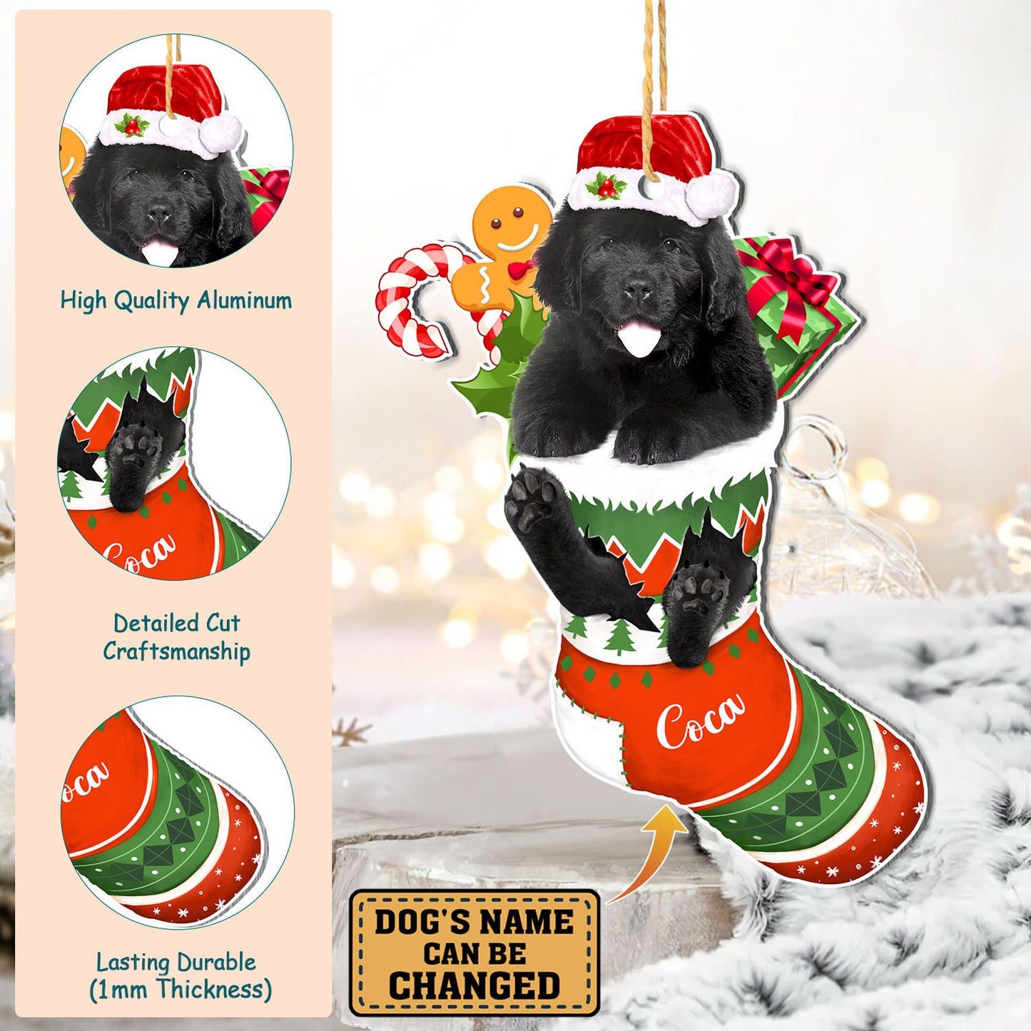 Personalized Black Newfoundland Dog In Christmas Stocking Aluminum Ornament