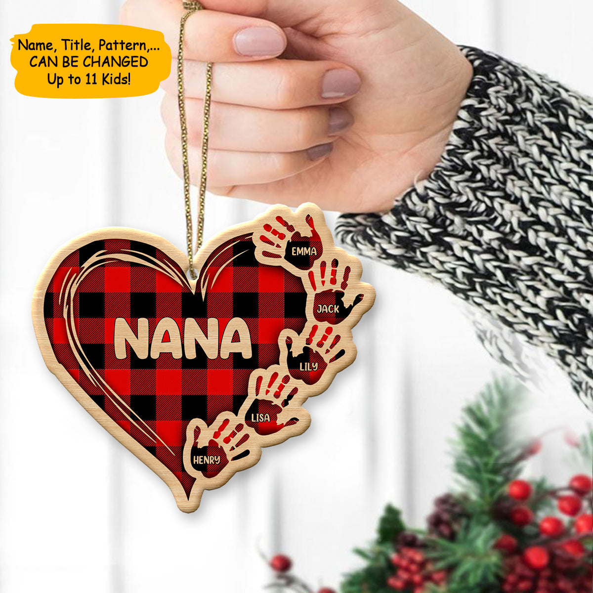 Personalized Red Hands Of Family Wood Heart Ornament