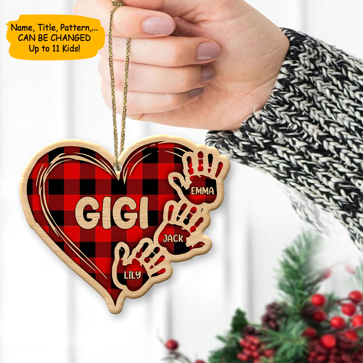 Personalized Red Hands Of Family Wood Heart Ornament
